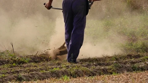 Slow motion cutting the grass with string grass trimmer and whirling dust Stock Footage 127031763