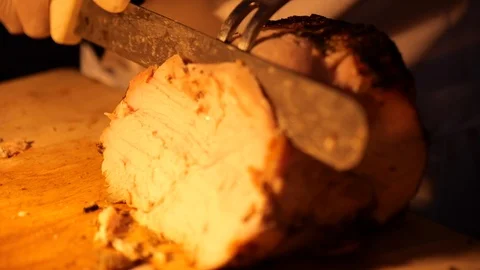 Slow motion cutting pork on cutting board 스톡 동영상 112767831