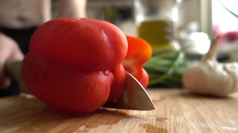 Slow Motion Cutting Red Bell Pepper Sequence Stock Footage 68686088
