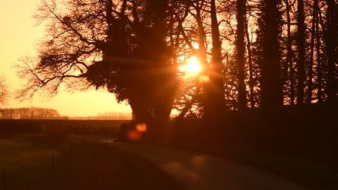 Slow motion cyclist riding down country lane at sunset uk Stock Footage 124316361
