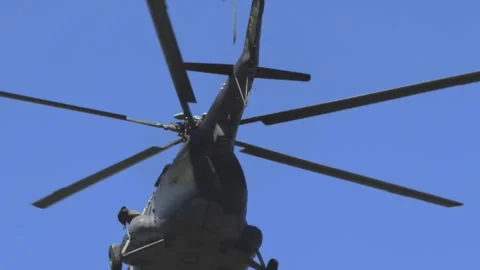 Slow Motion of Czech Air Force Mil Mi-17 Helicopter Flying in the Sky Stock-Footage 346561464