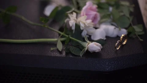 Slow Motion Detailed Shot of Pair of Wedding Rings with Bridal Essentials Stock Footage 342068111