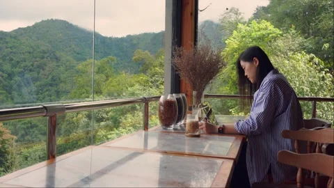 Slow motion digital nomad concept asian freelancer woman use laptop Stock Footage 254160670