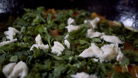 Slow motion, Dinner from eggs and red pepper is cooked in a frying pan. A beauti Stock Footage 102931578