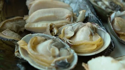 Slow motion Dish Fresh Clams Korean Restaurant In Jagalchi Fish Market Busan-Dan Stock Footage