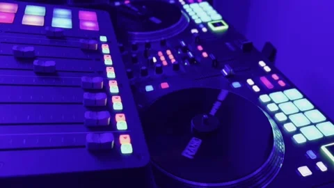 Slow Motion DJ Controller - RANE ONE &amp; RODECaster Pro - Blue Neon Lights Stock Footage 170725814