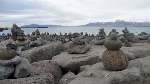 Slow Motion Dolly Shot Of Beach Stone Pyramids Galicany Rock Stacks Stock Footage 96649577