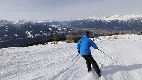 Slow motion of downhill skiing, winter sport, Alps in Austria Stock Footage 98099366