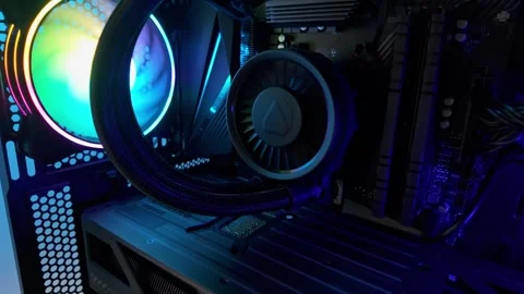 Slow motion downward movement revealing complete gaming computer system, rg.. Stock Footage 328572344