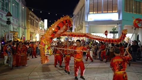 Slow motion dragon dance move gracefully through the darkness. Video stock 318096644
