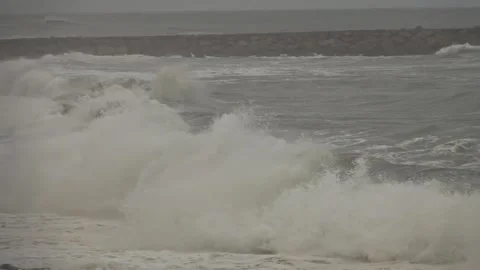 Slow Motion of Dramatic Ocean Waves Crashing After Storm Today Stock Footage 341683976