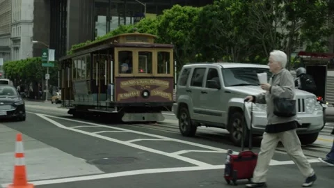 Slow Motion Drive By Shot Looking Down San Francisco Trolley Street 04 Stock Footage 145886587