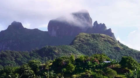 Slow motion drone low angle shot. Palm trees and Mountain Otemanu in Bora Bora Stock Footage 122400795