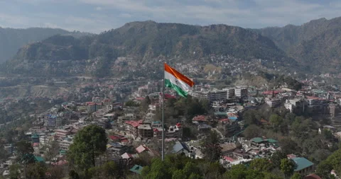 Slow Motion Drone Orbit Around Indian Flag Over Solan Himachal Pradesh Stock Footage 329937678