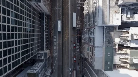 Slow Motion of Drone Pan Shot High Above Downtown City Street of Hong Kong - Stock Footage 109198758