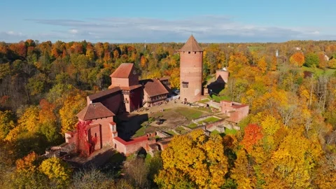 Slow Motion Drone Push Toward Sigulda Medieval Castle During Latvian Autumn View Vídeos de archivo 336640414