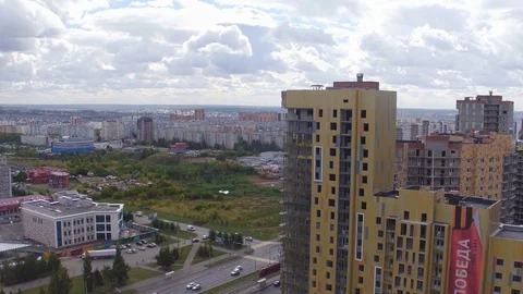 Slow Motion Drone Rotates above High Residential Complex Stock-Footage 80405948