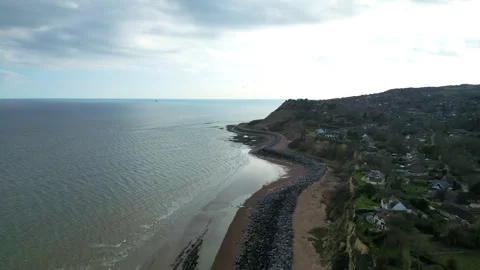 Slow motion drone shot gliding through seagulls over Fairlight Cove beach, East Stock-Footage 332629701