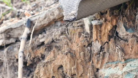 Slow motion. A drop of water falls from the drainpipe in early spring Stock Footage 107644241
