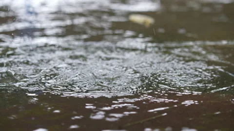 Slow motion droplet of rain falling on ground Stock Footage 217868789