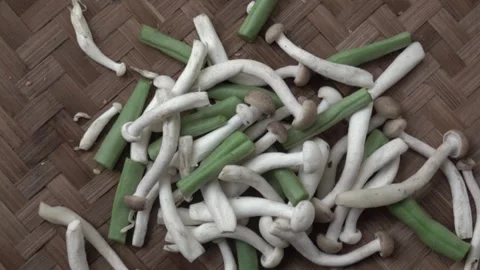 Slow motion effect display of enoki mushrooms jumping from the winnowing pan Stock Footage 261249318