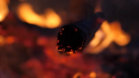 Slow Motion - End Of Stick Burns In Fire Stock Footage 195281667
