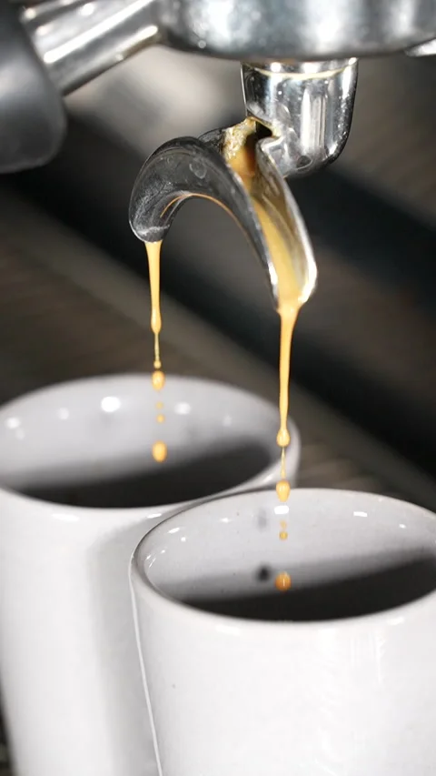 Slow Motion Espresso Coffee Completes Brewing into Cups in Close Up Stock Footage 313543077