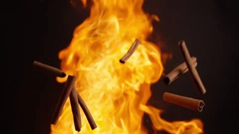 Slow motion explosion of cinnamon flying in flames Vídeo Stock 147945600
