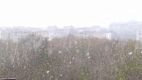 Slow motion of falling snow. Snow falls in the city, view from the window. 4k 動画素材 153103192
