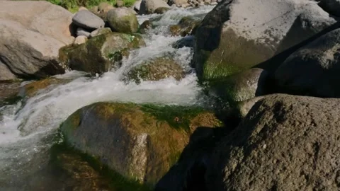 Slow motion of a fast flowing mountain river over mossy rocks Видео 320920956