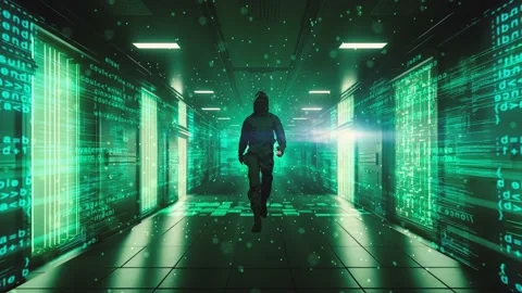 SLOW MOTION. Featuring a man in a sleek black hooded suit, walking down the Video stock 233044725