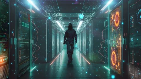 Slow motion. Featuring a man in a sleek black hooded suit, walking down the Stock Footage 233044753