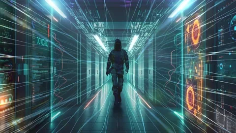 Slow motion. Featuring a man in a sleek black hooded suit, walking down the Stock Footage 233154856