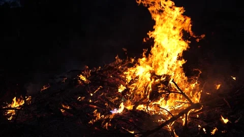 Slow Motion - Fire Burns At Night, Pitch Black Stock Footage 195281677