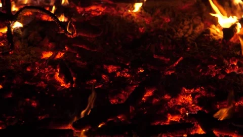 Slow Motion - Fire Embers and Coals Close Up Stock Footage 195281737