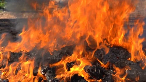 Slow motion fire flame burning garbage to black smoke floating to air pollution Stock Footage 100182094