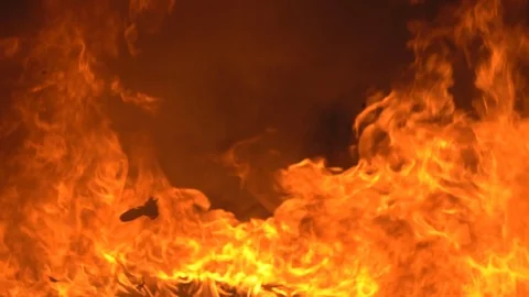 Slow motion fire flame, super slow hot power of bon fire on night background 库存影片 121009568