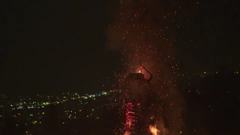 Slow Motion Of Fire Sparks against the backdrop of the night city Stock Footage 267010199