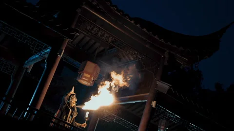 Slow Motion of Fire Spitting Performance Stock Footage 327500872