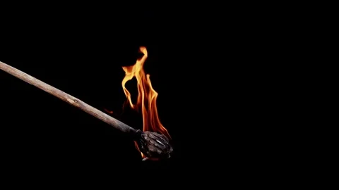 Slow Motion Fire on Stick on a Black Background Stock Footage 74415715