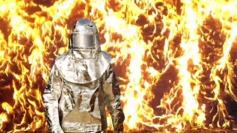 Slow motion firefighter against wall of fire Stock-Footage 69112023