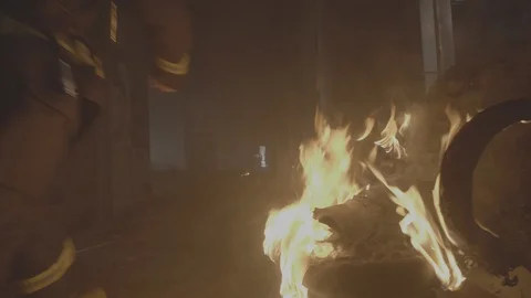 Slow motion of firefighter fire man searching the fire conflagration building Stockbeeldmateriaal 108995444