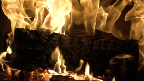 Slow motion of Fireplace burning. Warm cozy burning fire in a brick fireplace Stock Footage 84138155