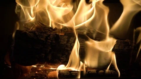Slow motion of Fireplace burning. Warm cozy burning fire in a brick fireplace Stock Footage 84138164