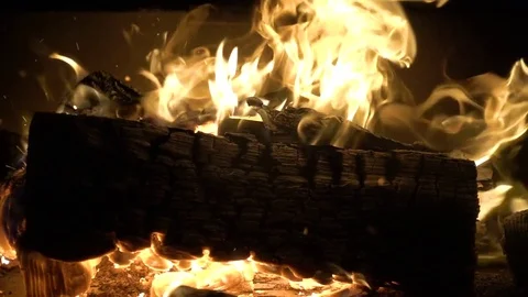 Slow motion of Fireplace burning. Warm cozy burning fire in a brick fireplace Stock Footage 84138170