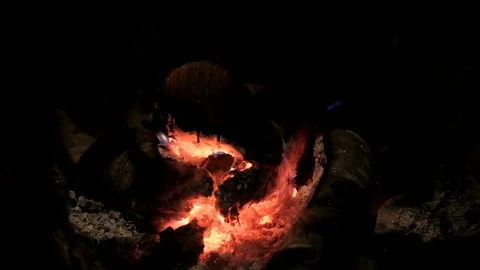 Slow motion of Fireplace burning. Warm brick fireplace close up. Stock Footage 87388381