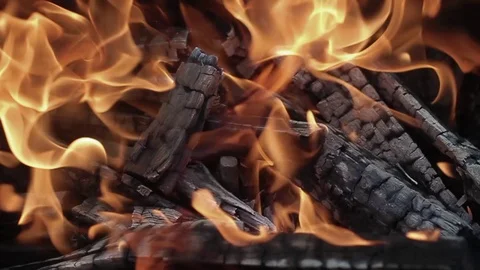 Slow motion fireplace closeup for bbq, nature yellow fire. Burning wood in the Stock Footage 96045935