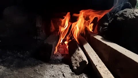 Slow Motion Firewood Burning with Flames and Hot Charcoal in Rustic Fireplace Stock Footage 331429929