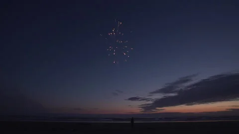Slow motion firework explosions at sunset Stock Footage 165300776
