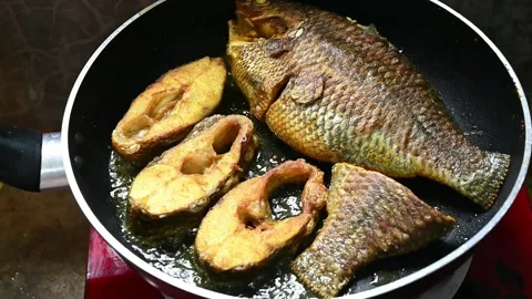Slow Motion Fish Fry. Seared Fish Cooked On Pan Frying Stock Footage 202055188